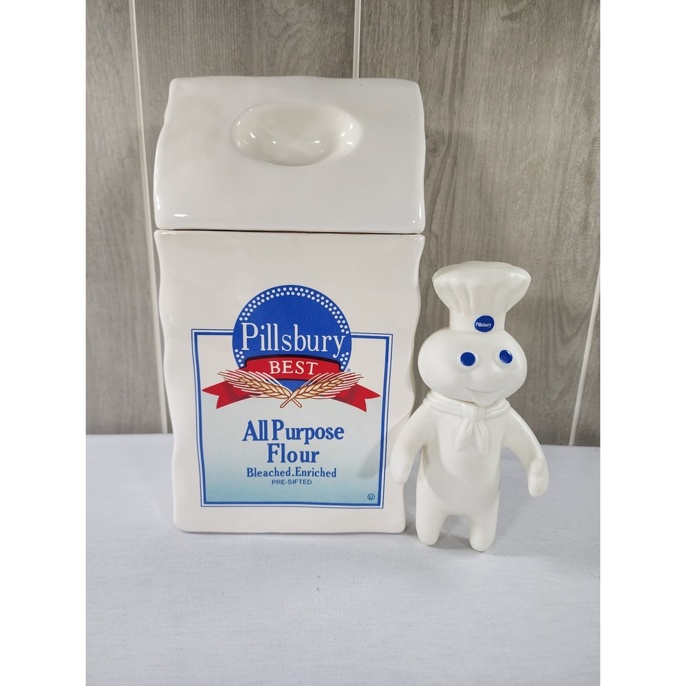 Vintage 1988 Pillsbury Flour Canister Recipe Bag Cookie Jar w/ 1971 Doughboy Set